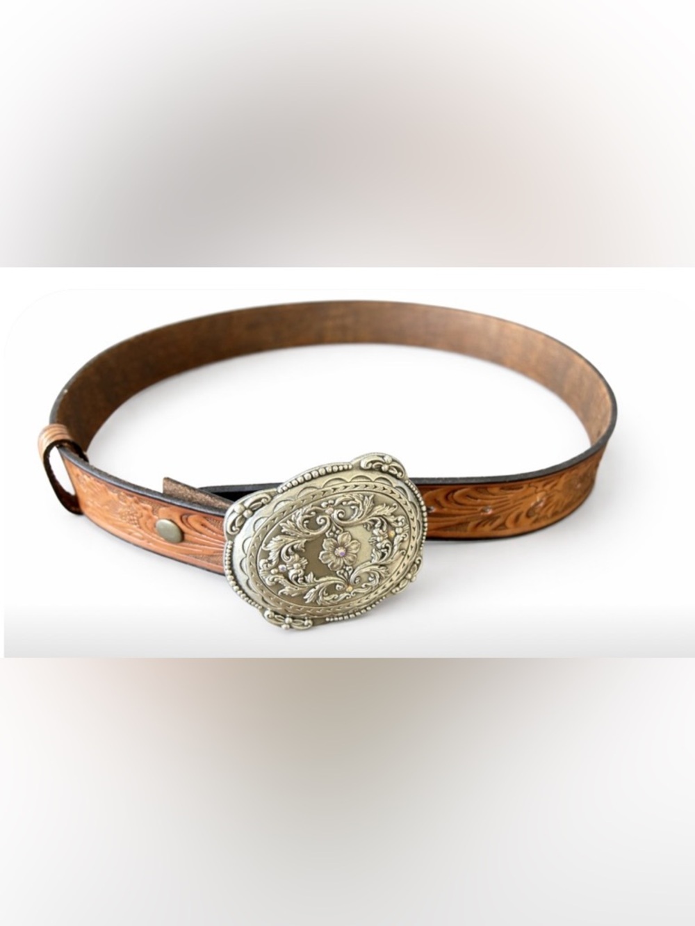 Nocona Tooled Brown Leather Belt with Ornate Silver-Tone Buckle - Picture 1 of 6